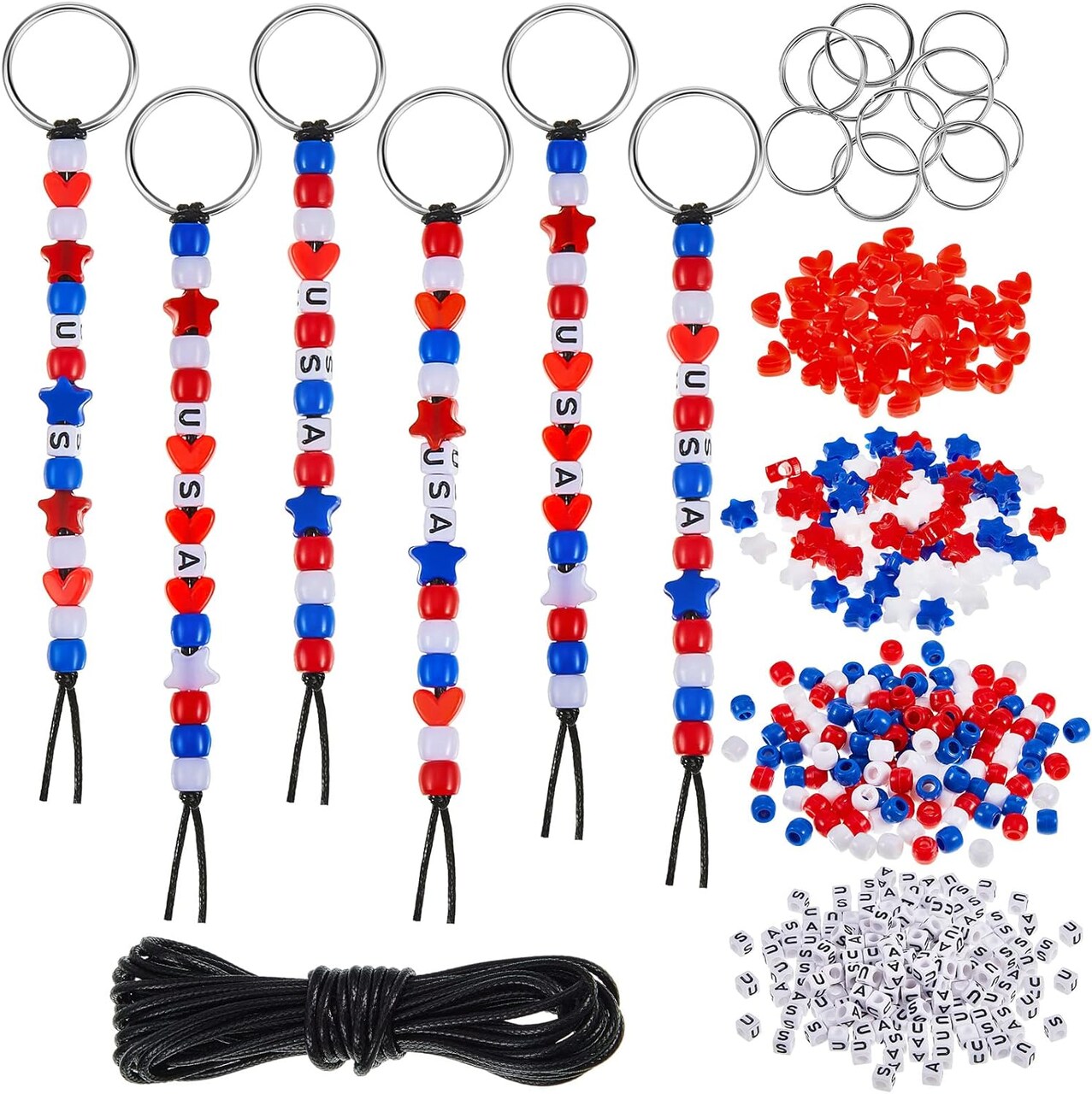 361-Piece Patriotic Bead Key Chain Craft Kit – 24 DIY USA Alphabet, Round, Star & Heart Beads in Red, White & Blue for Independence Day, Veterans Day, and Kids Craft Projects